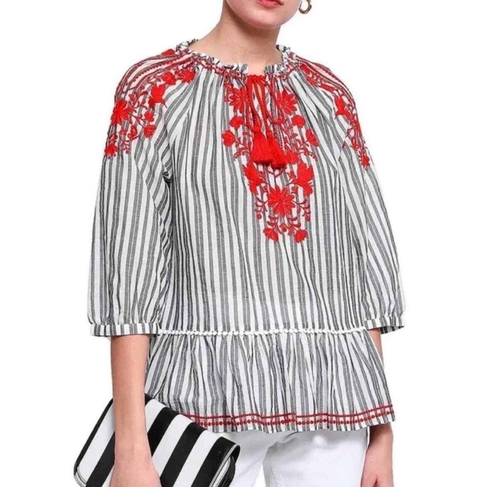 Kate Spade Broome Street Striped Boho Blouse with Red Floral Embroidery